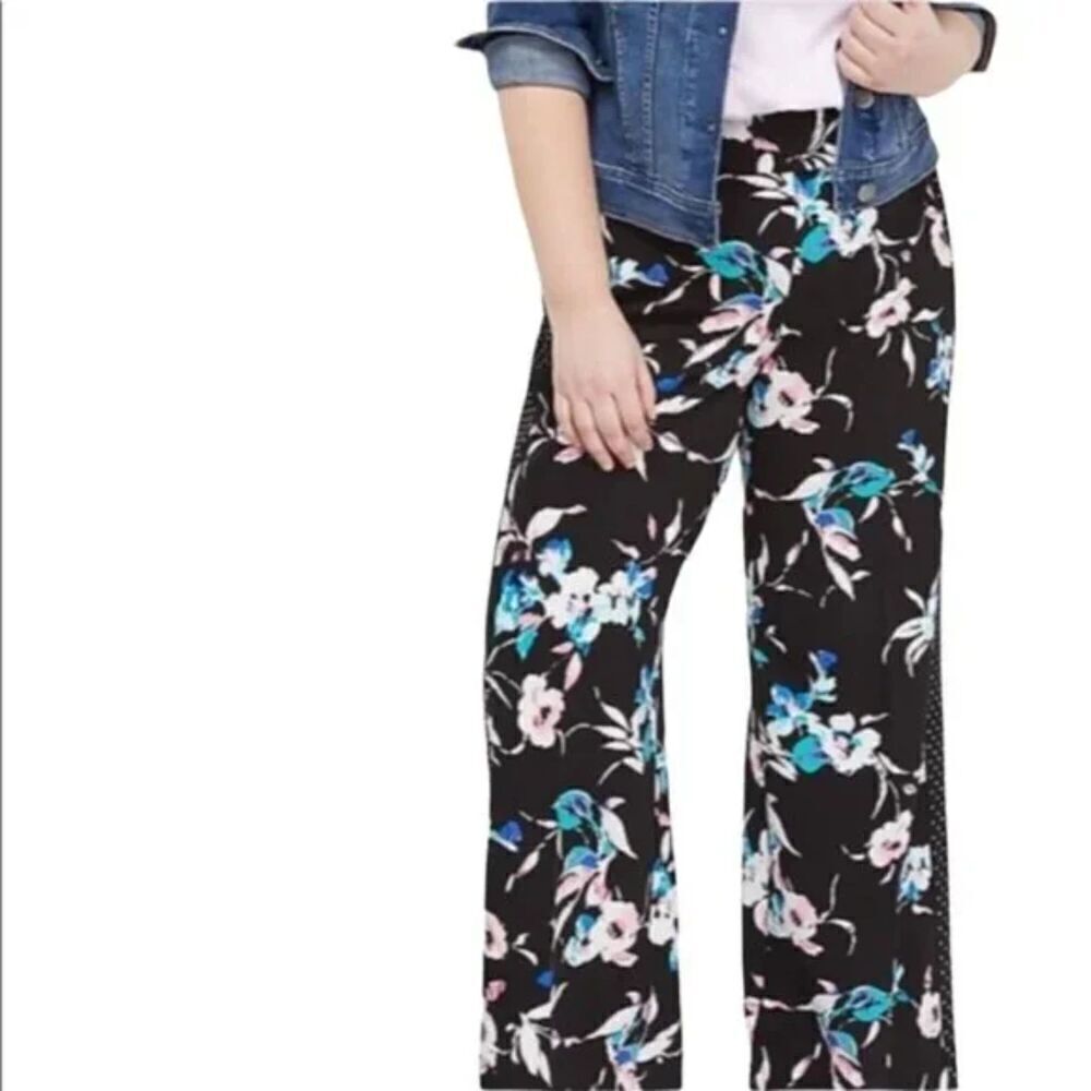 NWT Lane Bryant Jersey Knit Black w/Floral Polka Dot Pull On Wide Leg Pant sz 20